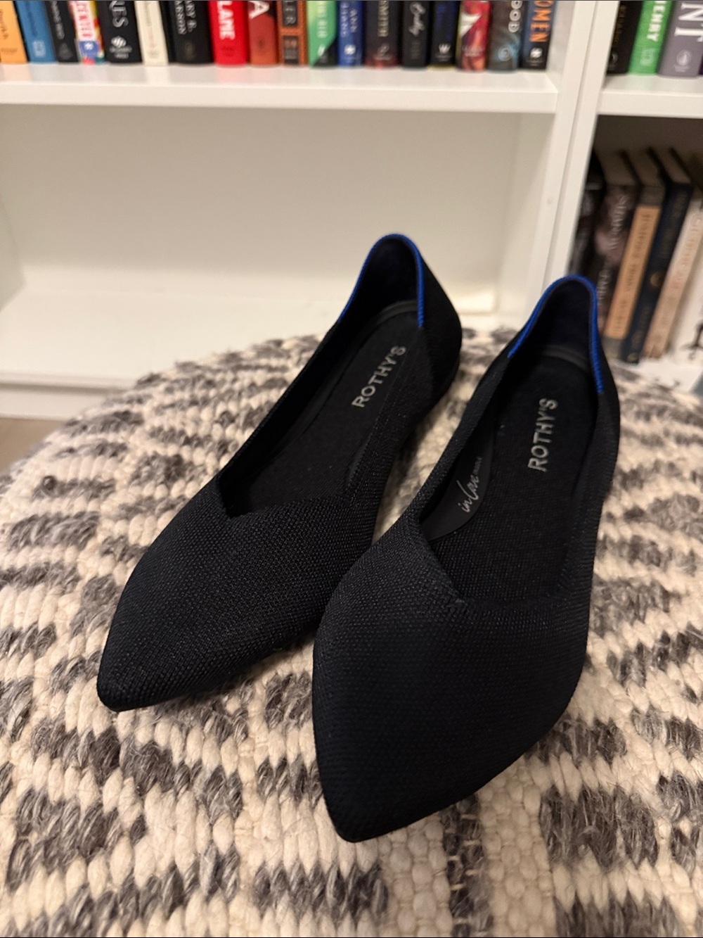 Rothy's Black Pointed Knit Flats with Blue Trim